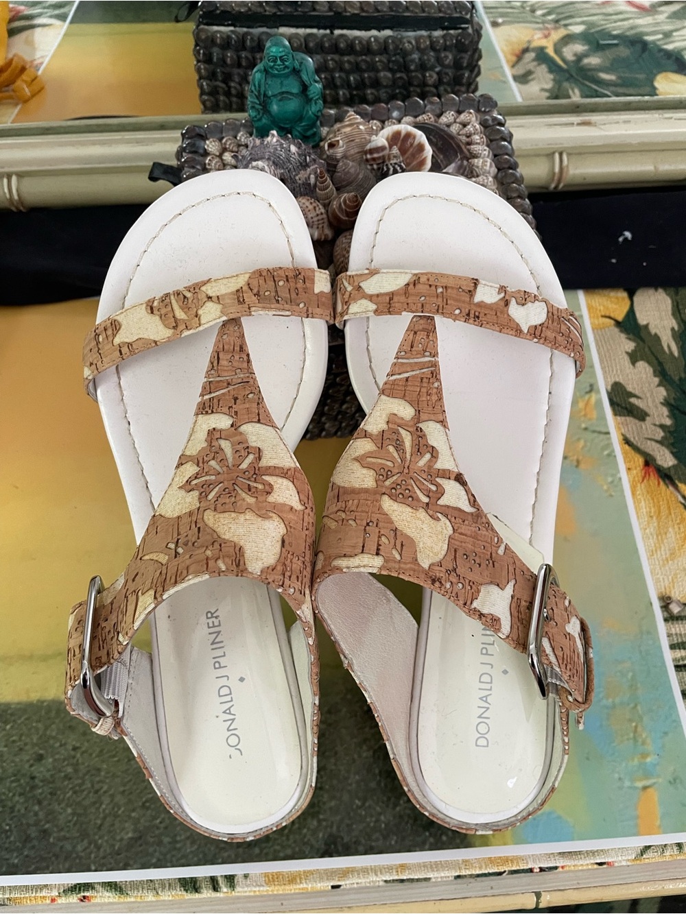 Donald J. Pliner White, Cork And Cream Print Floral T-Strap Sandals